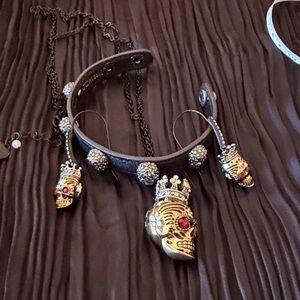 Betsey Johnson Gold and Silver tone Skull Necklace & earrings & bracelet set